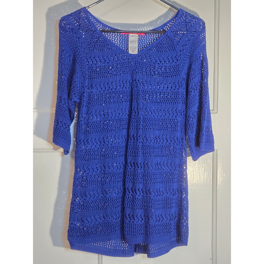 Sunny Leigh Petite Royal Blue Open Knit Crochet V-Neck Sweater 3/4 Sleeve PL